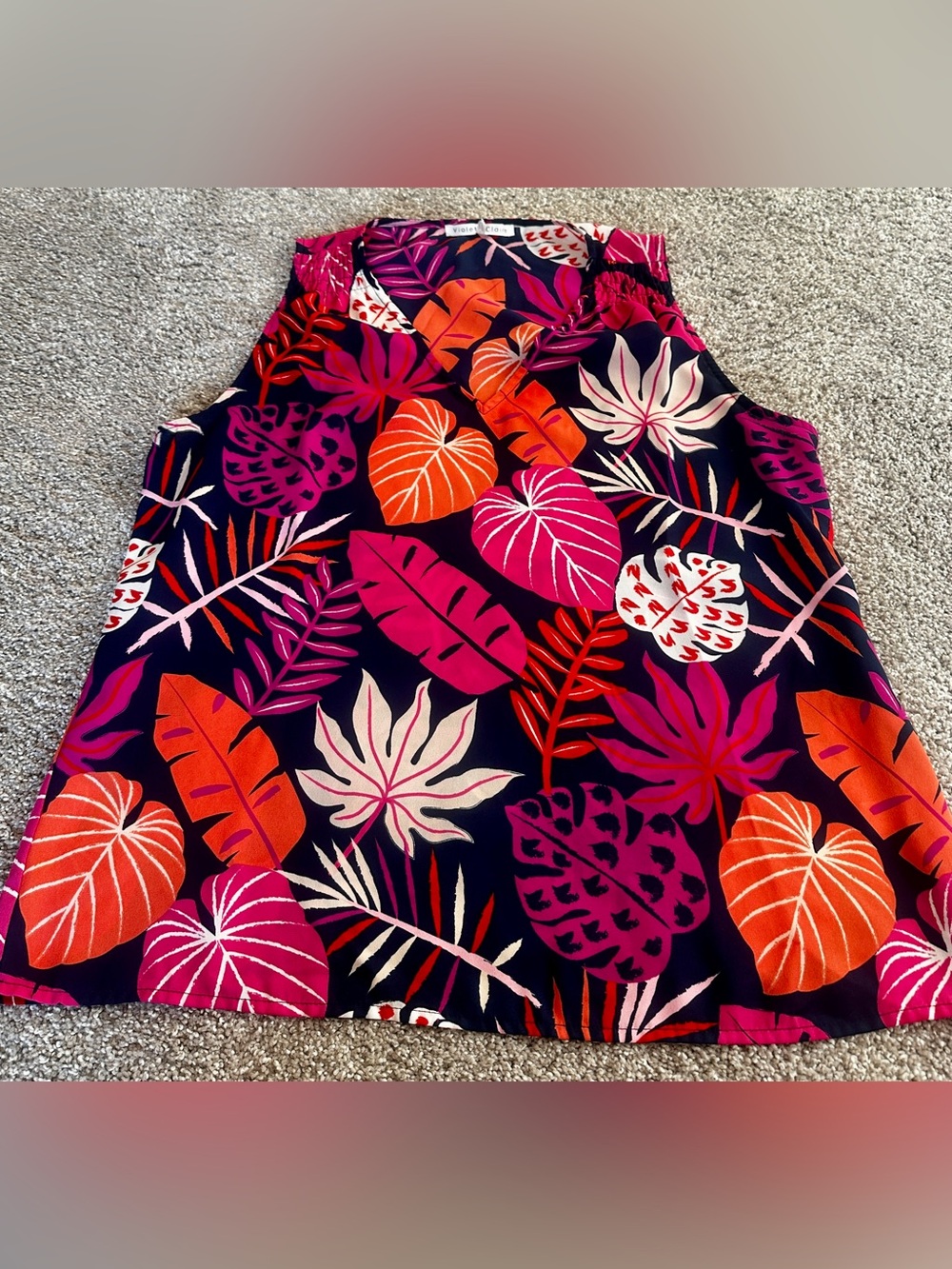 Violet & Claire Navy Tank with Pink & Orange Tropical Leaves